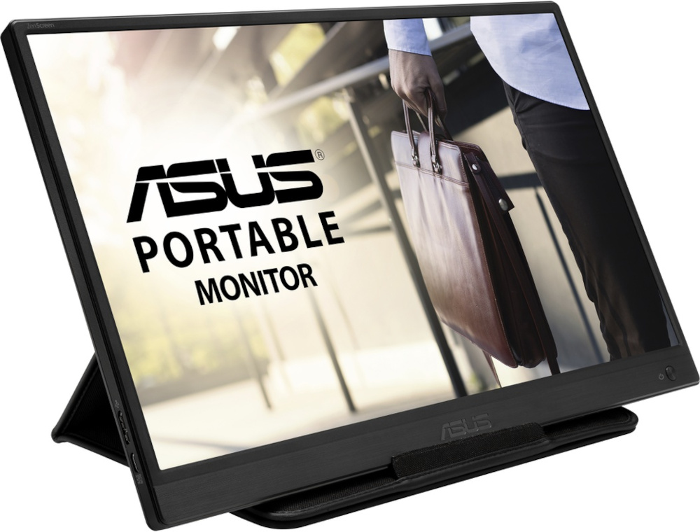 Moniteur portable ASUS noir avec le texte 'ASUS PORTABLE MONITOR' et une personne avec un sac.
