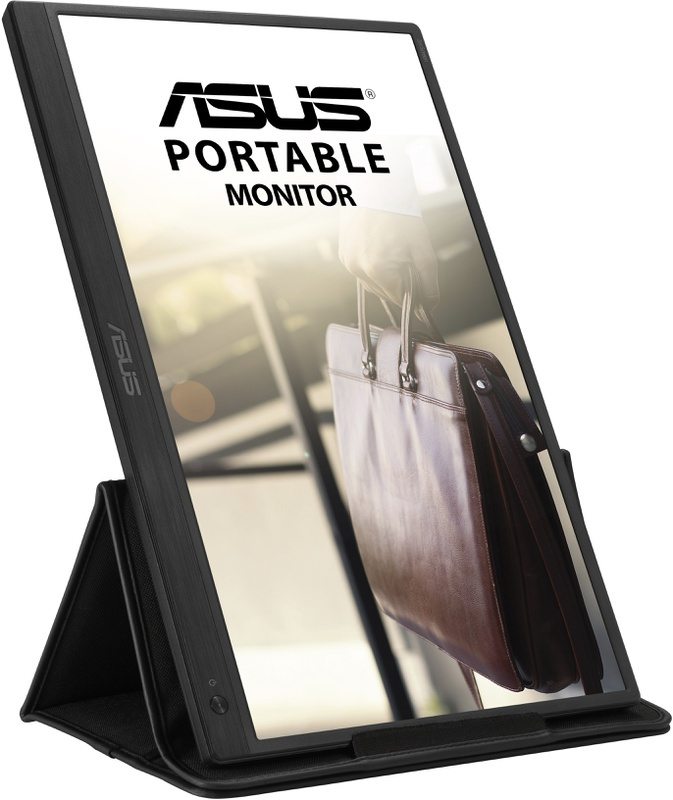 Moniteur portable Asus, cadre noir, affichant un écran avec un reflet de porte-documents.