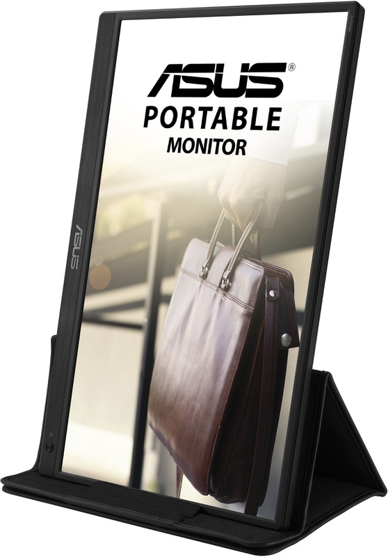 Moniteur portable Asus avec un écran affichant une personne tenant une mallette.