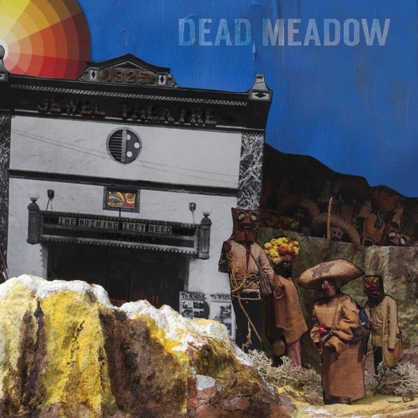 Albumcover mit Theater, Menschen und surrealen Bildern auf blauem Hintergrund.