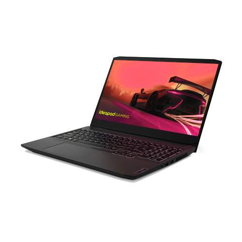 Una laptop Lenovo negra que muestra una imagen de auto de carreras en la pantalla. Fondo negro.