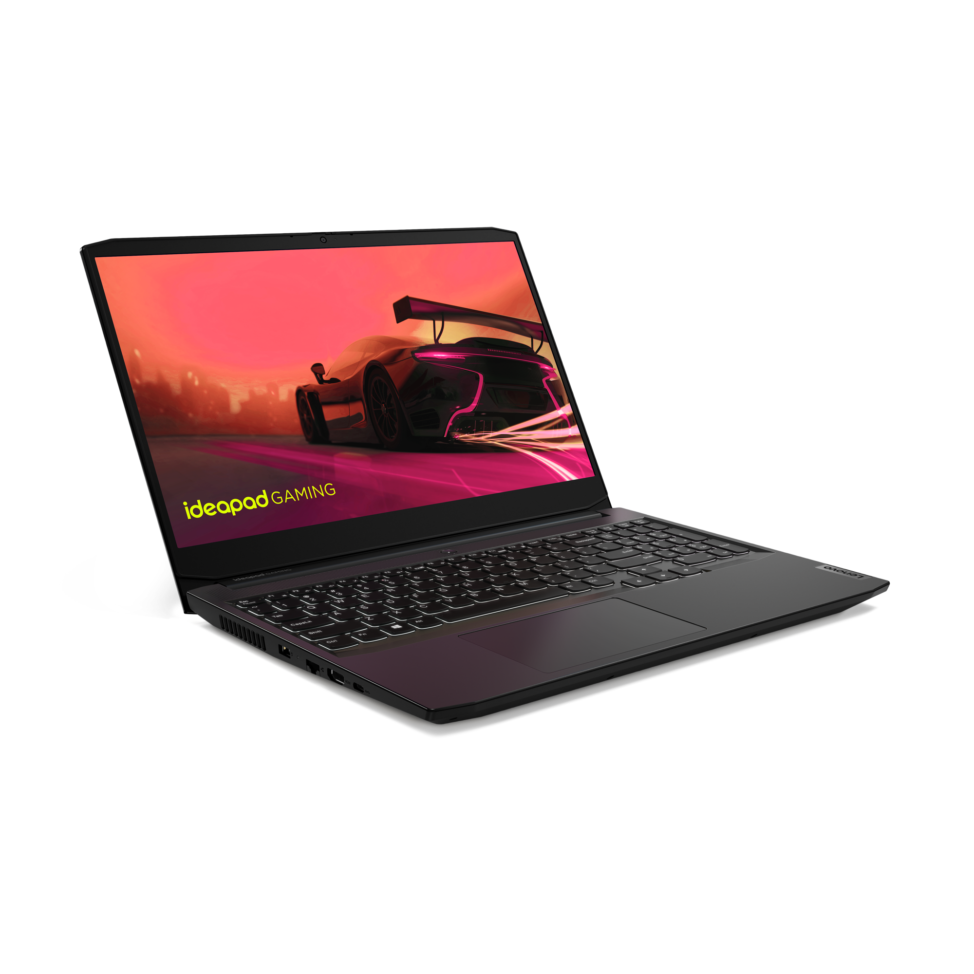 Laptop negro que muestra un juego de carreras de autos, sobre una superficie negra.