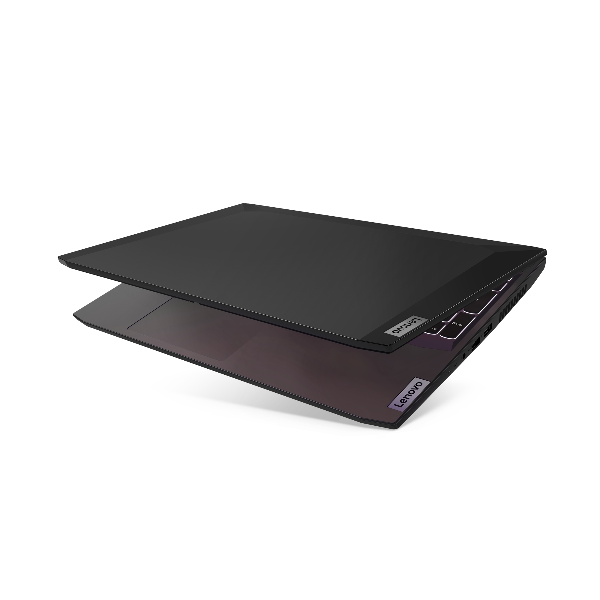 Portátil Lenovo IdeaPad Gaming ligeramente abierto, vista en ángulo.