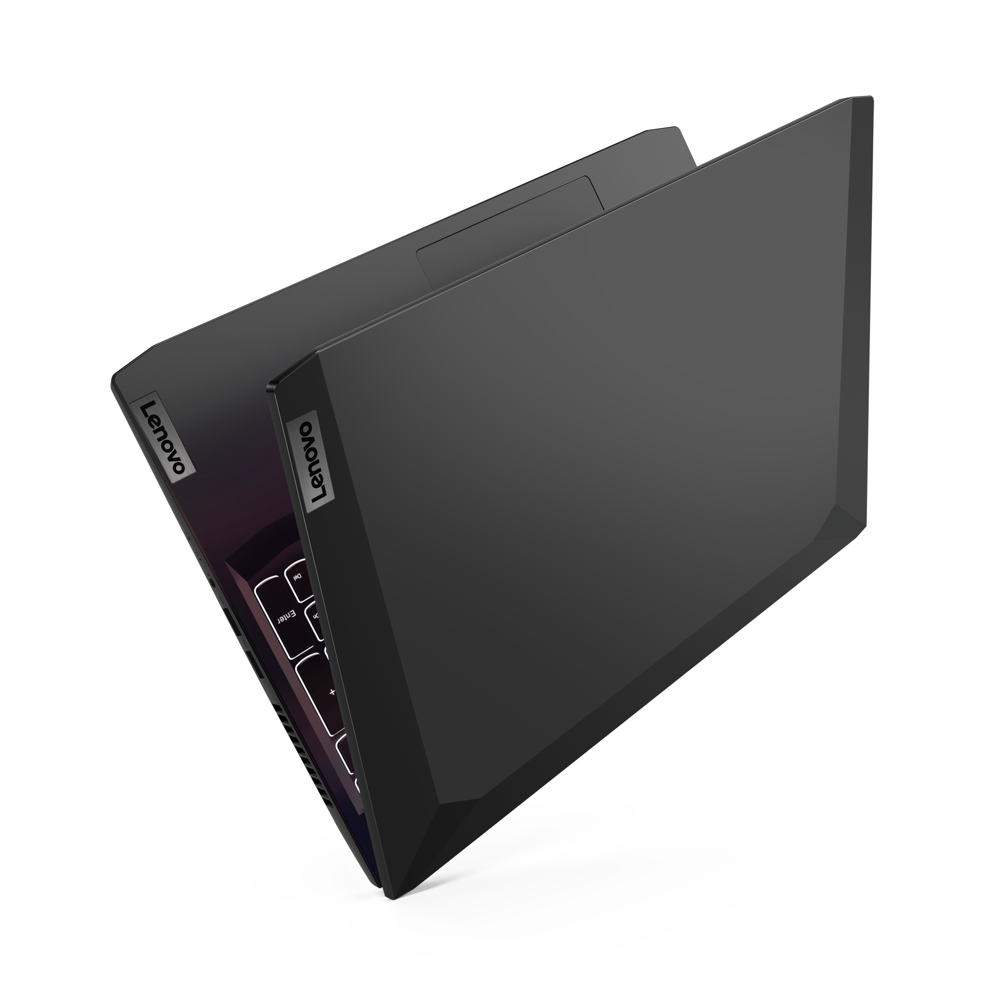 Un portátil Lenovo negro, parcialmente abierto. La pantalla está girada hacia el espectador.