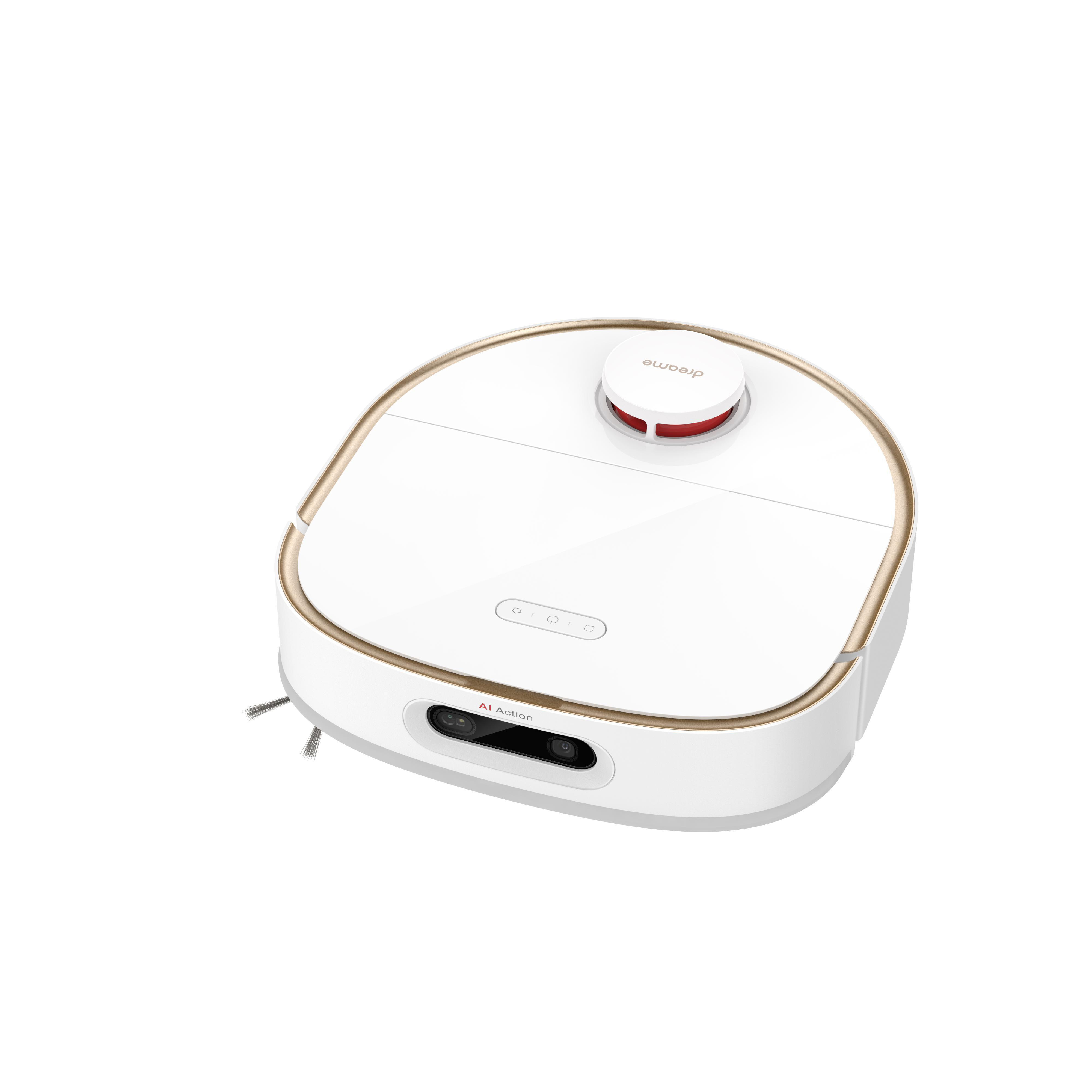 Ein weißer, runder Roboter-Staubsauger mit Goldrand und rotem Knopf oben. Er hat eine Kamera.