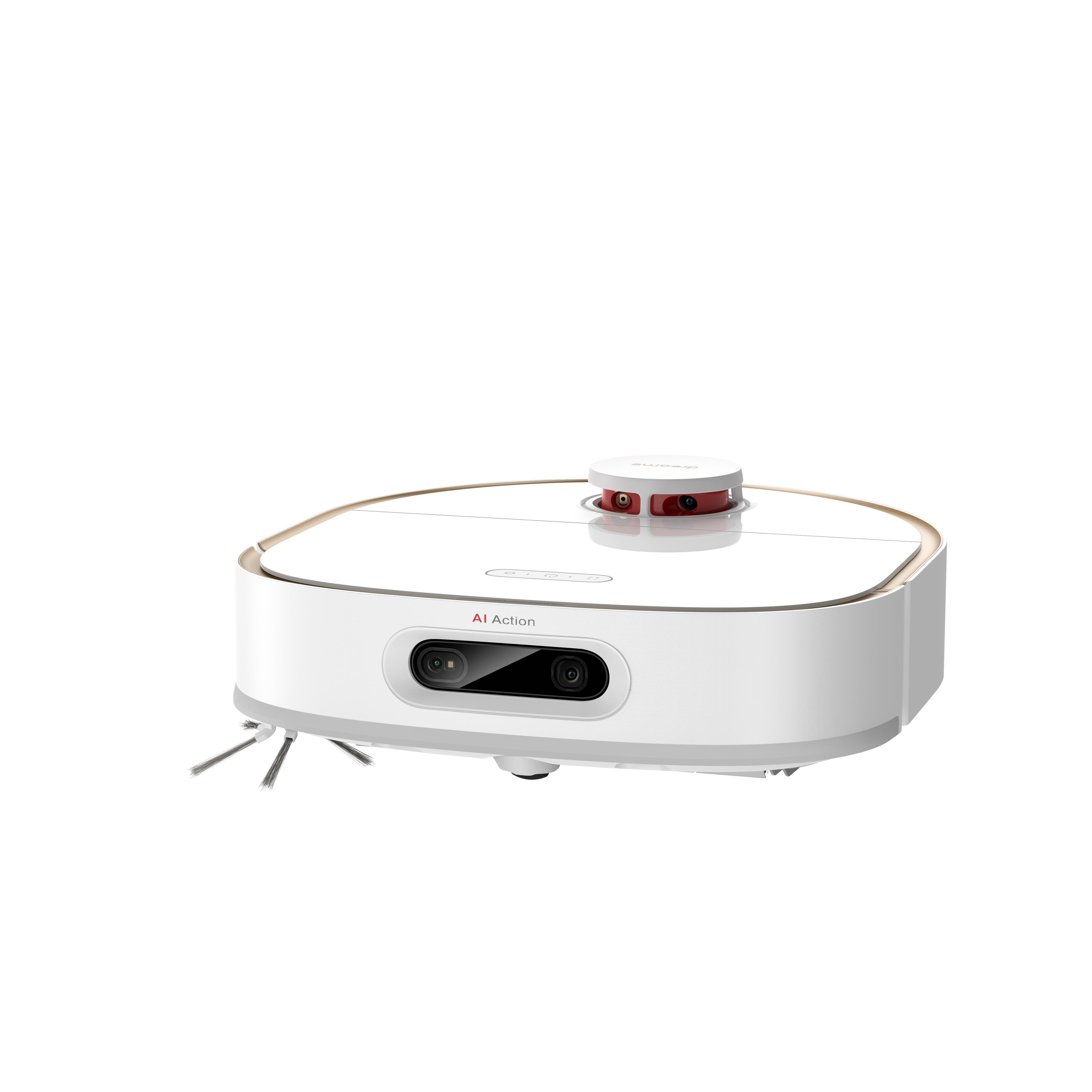 Ein weißer und goldener Roboter-Staubsauger mit rotem Sensor oben, vor weißem Hintergrund.