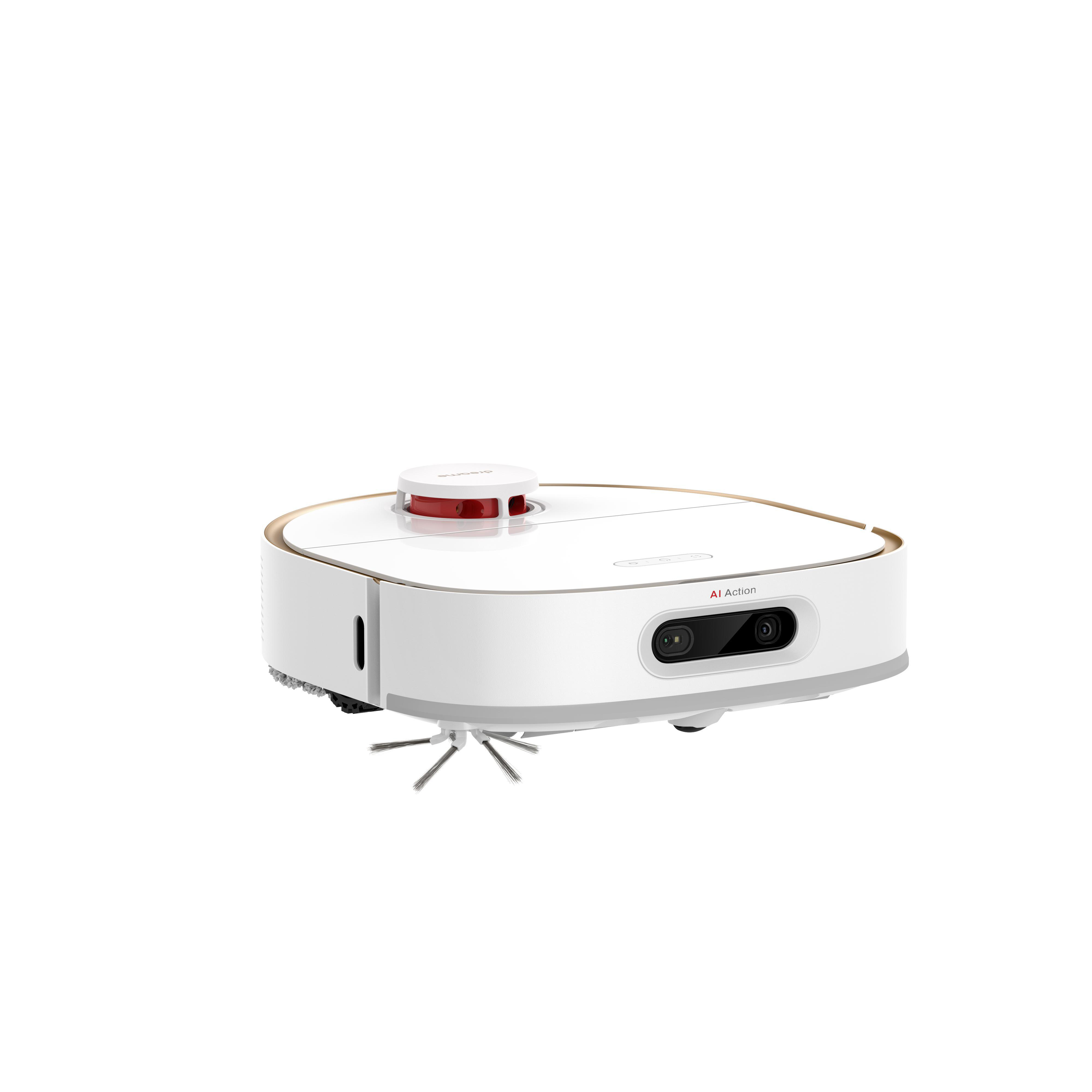 Ein weißer Roboter-Staubsauger mit rotem Deckel und goldener Zierleiste.