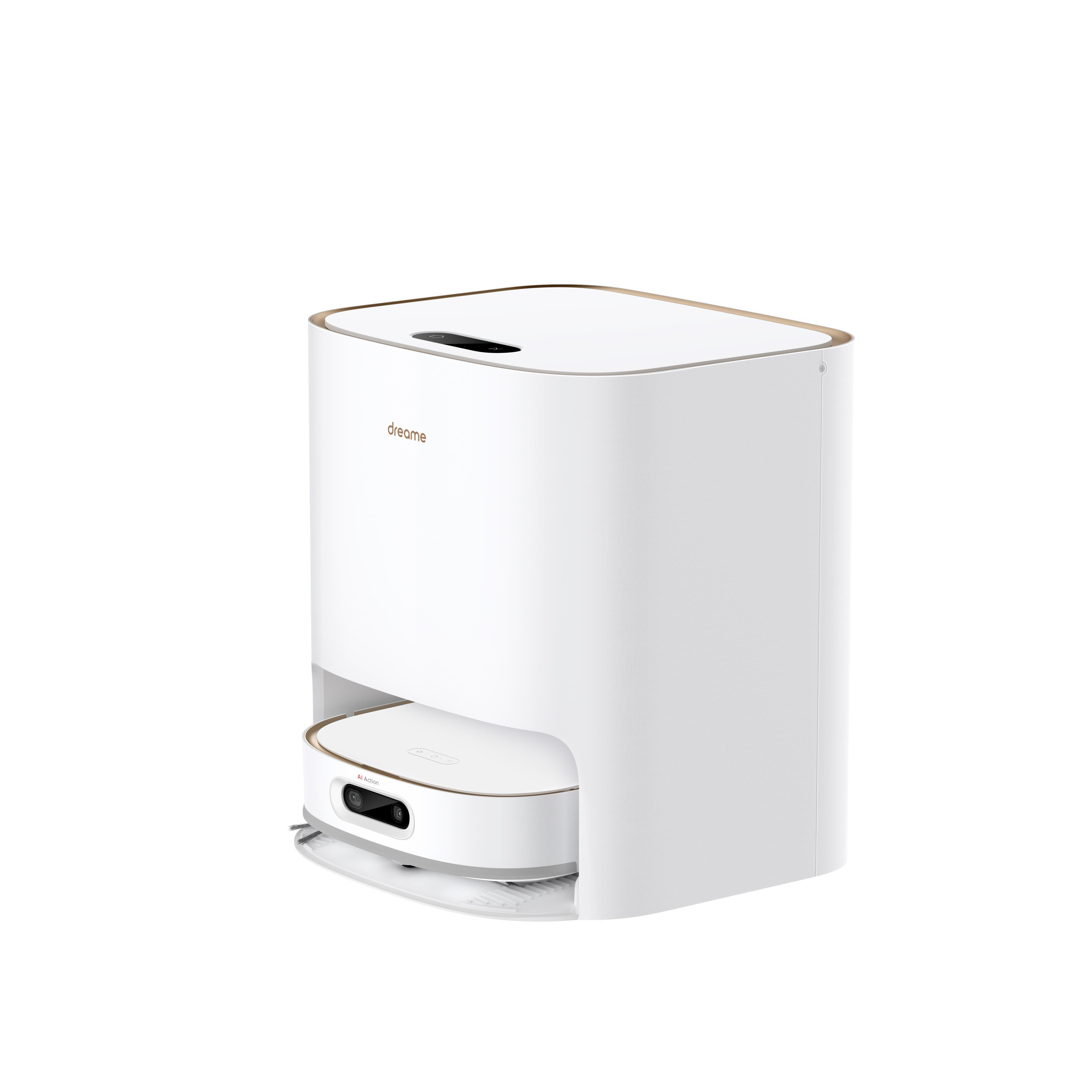 Ein weißer, rechteckiger Roboter-Staubsauger mit goldenen Akzenten und einer Ladestation.