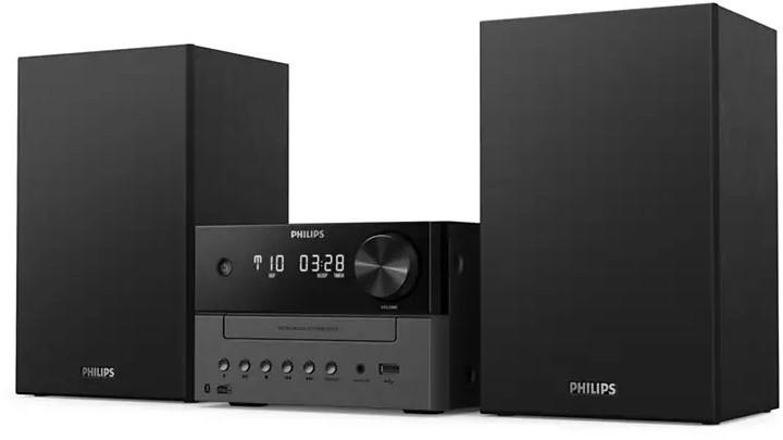 Un système micro hi-fi Philips noir, avec des haut-parleurs de chaque côté, sur fond blanc.