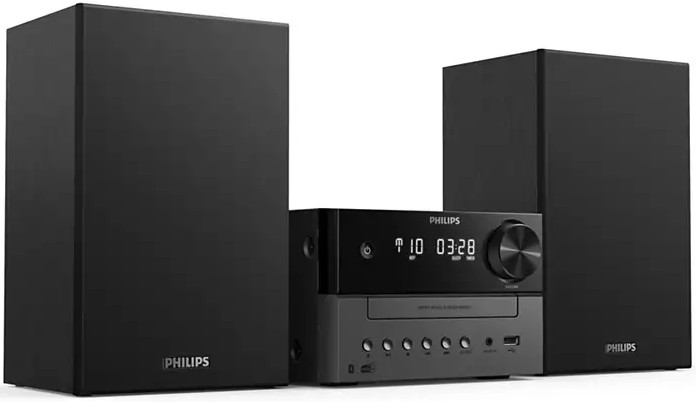 Un système stéréo Philips noir avec deux haut-parleurs et une unité principale sur fond blanc.