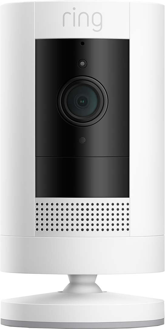 Caméra de sécurité Ring blanche. Objectif et corps noirs, base blanche, petits trous.