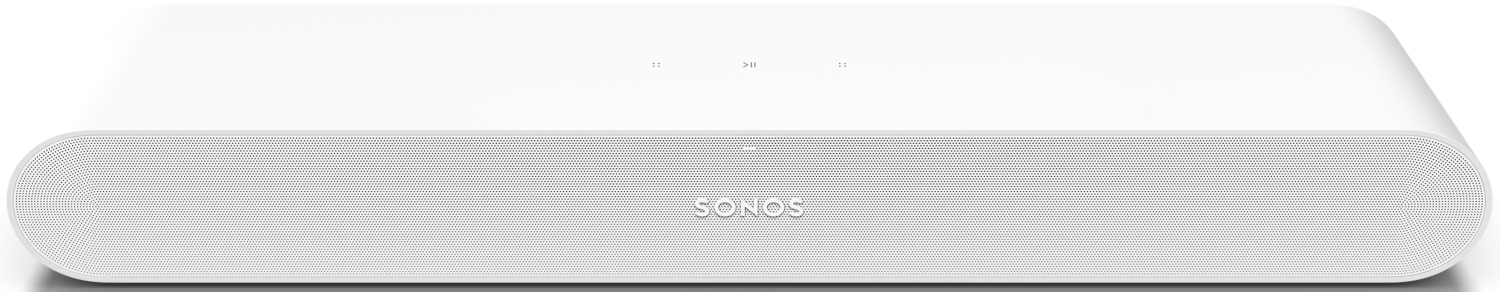 Een witte Sonos soundbar met een geperforeerd luidsprekerrooster en het Sonos-logo in het midden onderaan.