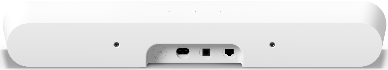 De achterkant van een witte soundbar met stroom-, ethernet- en andere aansluitpoorten.