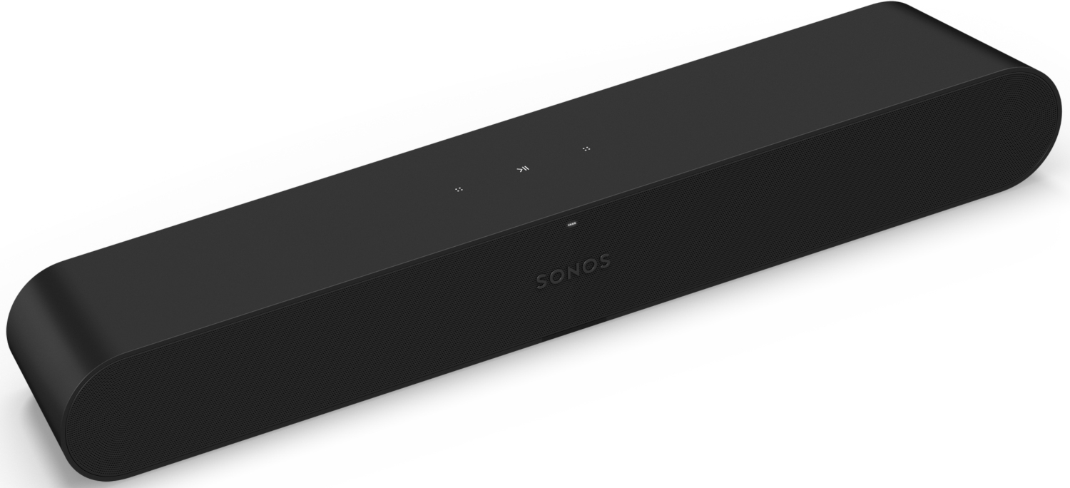 Zwarte Sonos soundbar met luidsprekerrooster en knoppen.