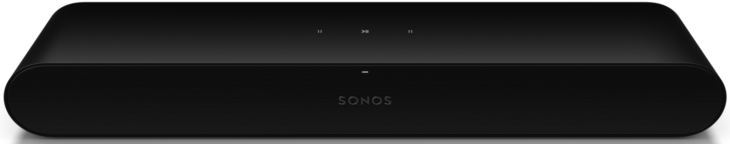 Zwarte soundbar-luidspreker met SONOS-logo en bedieningsknoppen bovenop.