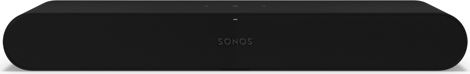 Zwarte Sonos soundbar. Rechthoekig met afgeronde hoeken. SONOS staat in het wit.