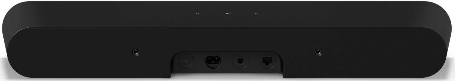 Zwarte soundbar, achteraanzicht, met stroom- en netwerkpoorten.