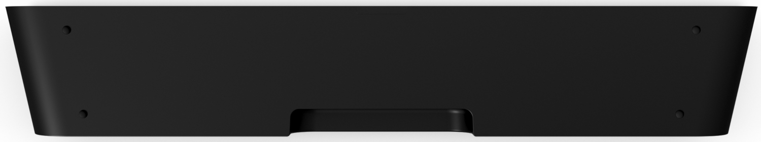 Zwarte soundbar, onderaanzicht, met een verzonken handgreep en schroefgaten. Het oppervlak is mat.