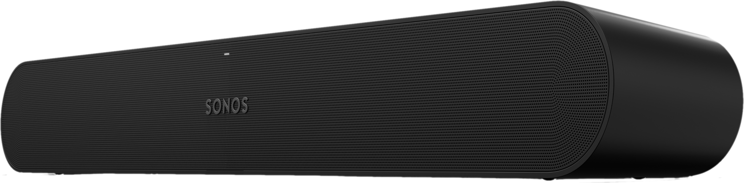 Zwarte, lange, ovale soundbar met het woord 'SONOS'.