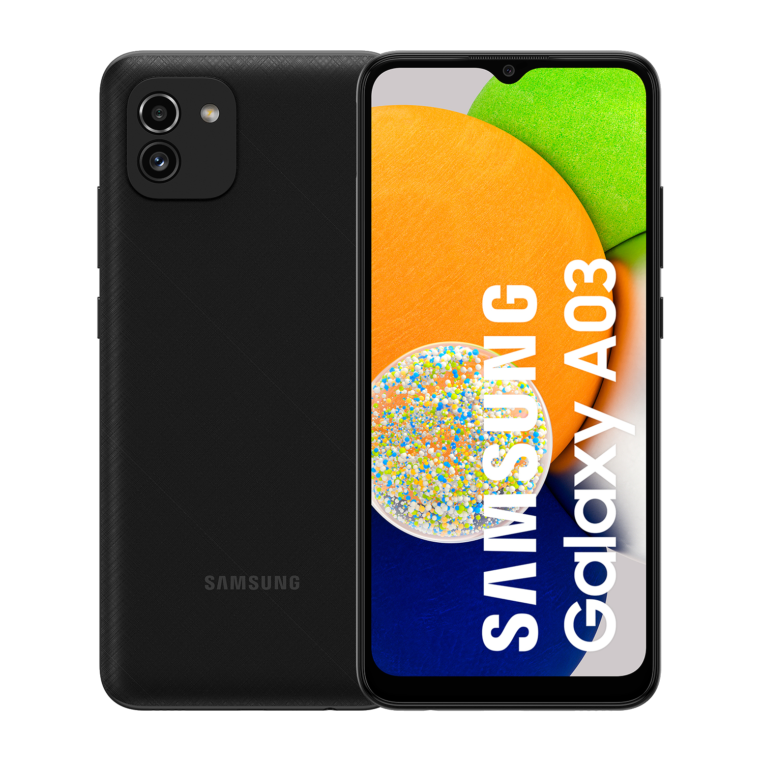 Teléfono inteligente Samsung Galaxy A03 negro, con una vista detallada de la parte trasera y la pantalla frontal.
