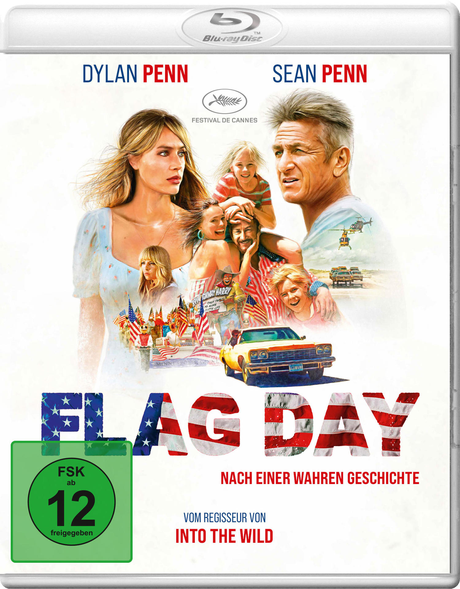 DVD-Hülle des Films 'Flag Day' mit Sean Penn und Dylan Penn. Enthält Schauspieler und Flaggen.