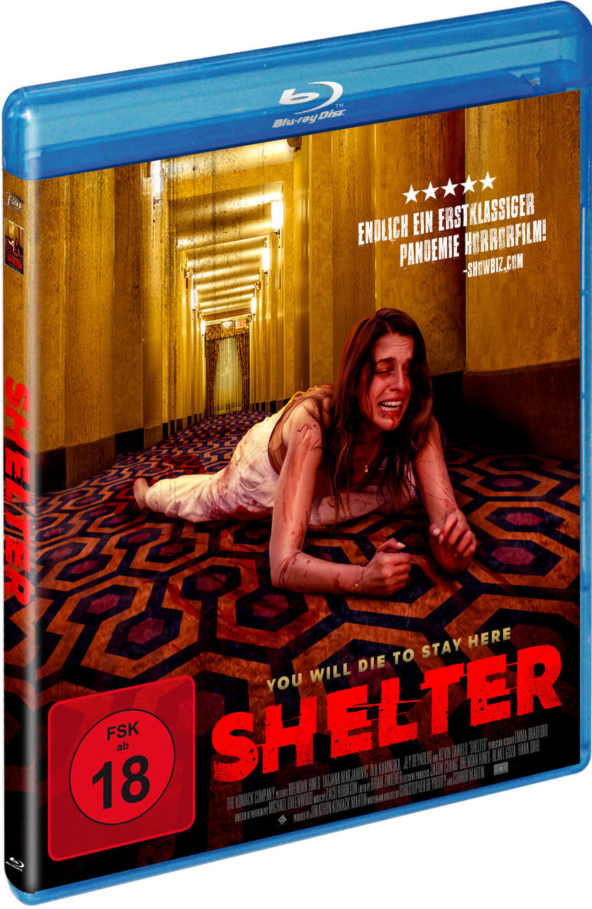 Shelter Blu-ray-Filmcover. Eine Frau liegt auf einem Teppich und sieht verängstigt aus.