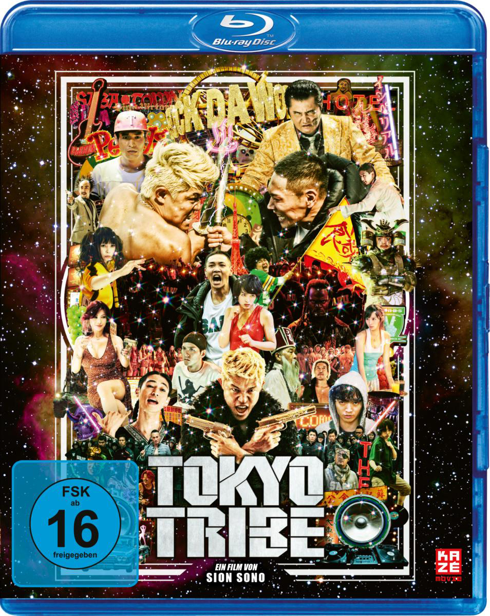 Blu-ray-Cover von 'Tokyo Tribe' mit einer Collage von Charakteren und einem lebendigen Design.