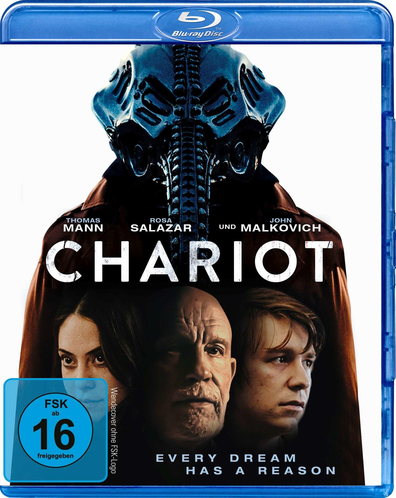 Blu-ray-Cover. Ein Mann mit Maske. Titel: Chariot. Text: Thomas Mann, Rosa Salazar, John Malkovich.