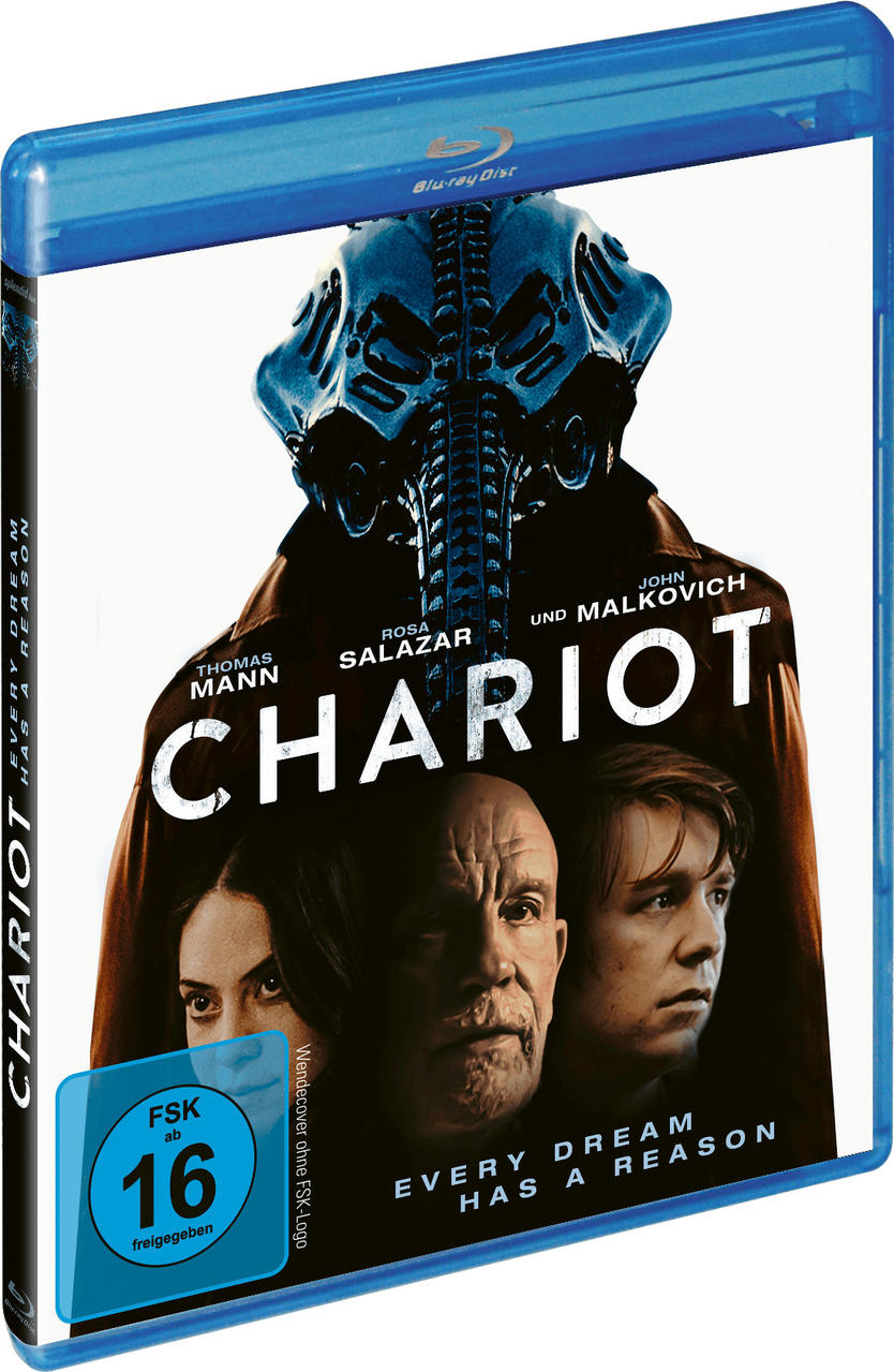 Blu-ray-Filmcover für 'Chariot'. Es zeigt eine maskierte Figur und Gesichter von Schauspielern.