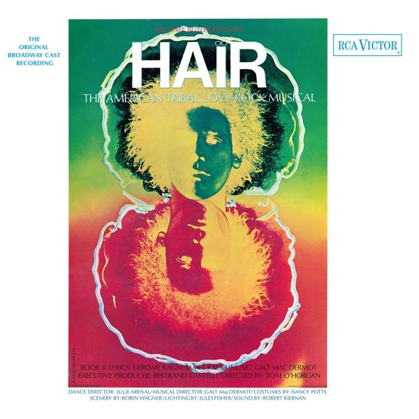 Hair musical album borító. Egy arc illusztrációja egy arcon belül, piros és zöld háttér.