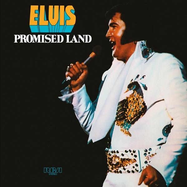 Album borító Elvis Presley-vel, amint énekel, fehér öltönyben, a 'Promised Land' címmel.