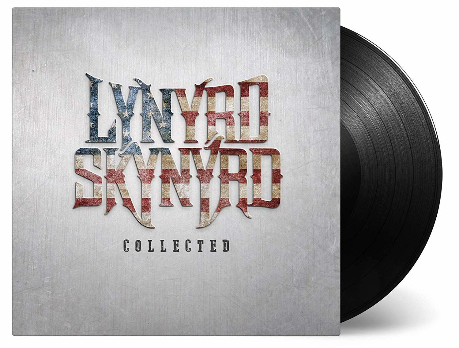 Egy bakelitlemez, melynek borítóján a Lynyrd Skynyrd zenekar logója és az amerikai zászló színei láthatók.