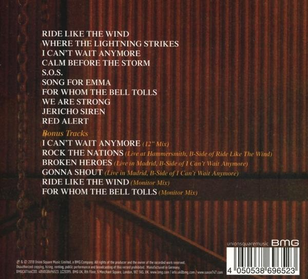Album borító, dalcímek listájával, fehér szöveg sötét háttéren. Tartalmazza a 'Ride Like the Wind'-et.