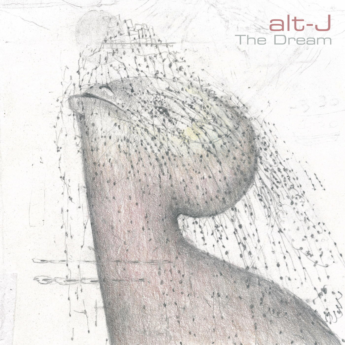 Album borító. Absztrakt illusztráció egy fejről esővel. Szöveg: alt-J, The Dream. Fehér háttér.