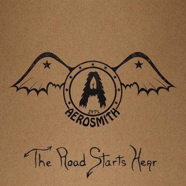 Az Aerosmith logó barna háttéren, a 'The Road Starts Here' felirattal.