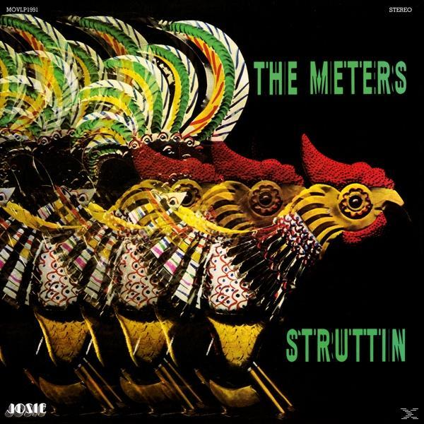 A 'The Meters' Struttin album borítója, zöld, sárga és piros kakas grafikával.