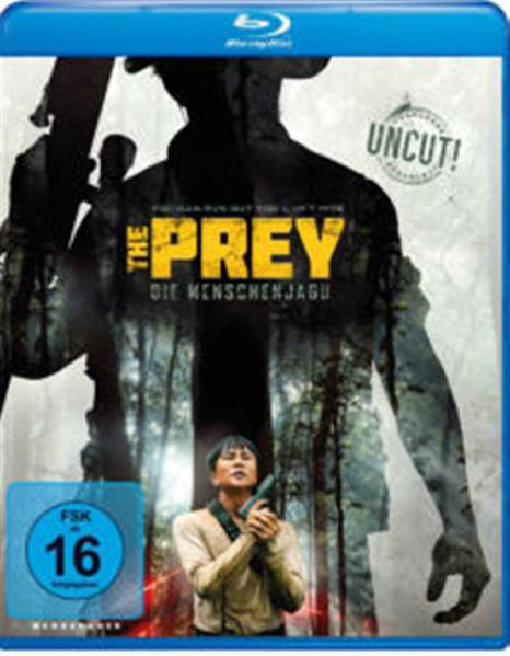 DVD-Cover, The Prey, ein Mann mit einer Waffe in einem Wald, mit dem Titel und einer 16er-Bewertung.