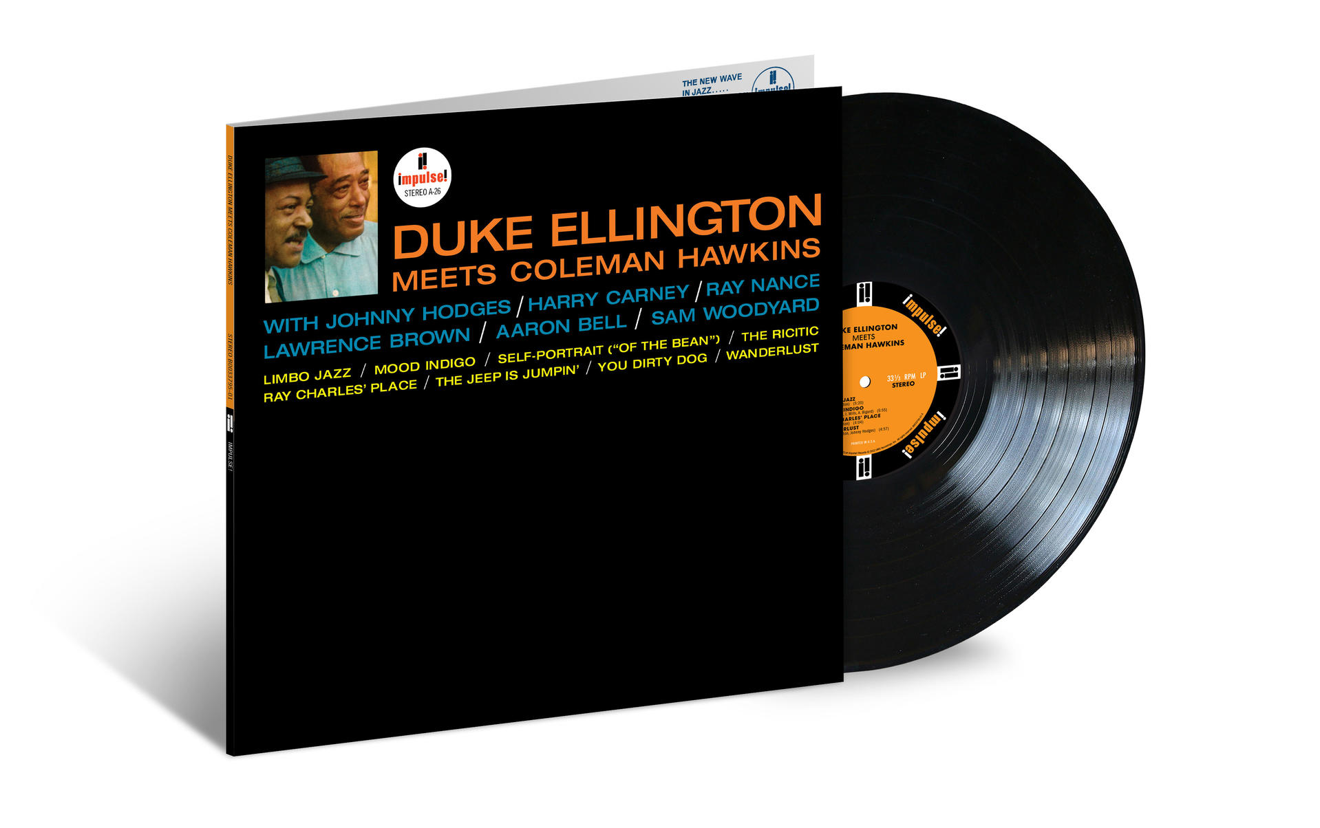 Hanglemez borító, Duke Ellington találkozik Coleman Hawkinsszal, fekete lemez látható.