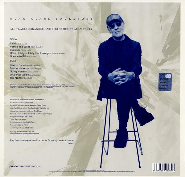 Alan Clark Backstory album hátlapja. Férfi egy széken ül, a számlista és a kreditek láthatók.