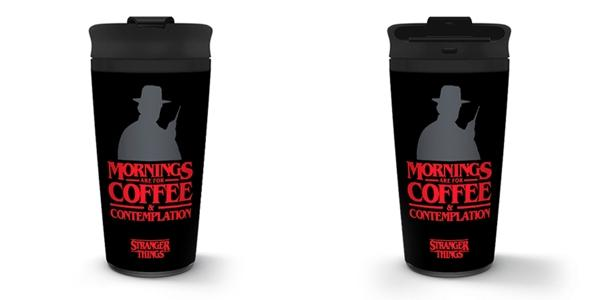 Két fekete utazóbögre, a következő szöveggel: 'Mornings are for coffee & contemplation'.