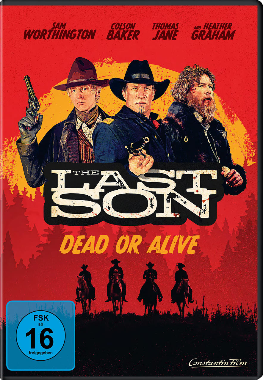 The Last Son DVD-Cover. Drei Männer mit Waffen, Titel und die Worte 'Dead or Alive'. Roter Hintergrund.