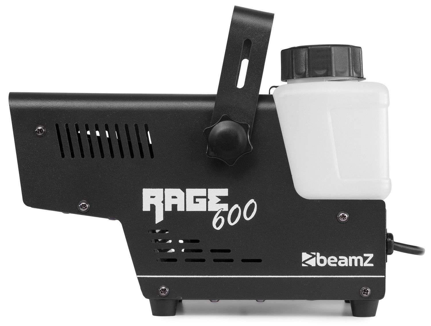 A black fog machine with white text 'RAGE 600' and a white fluid container on top.