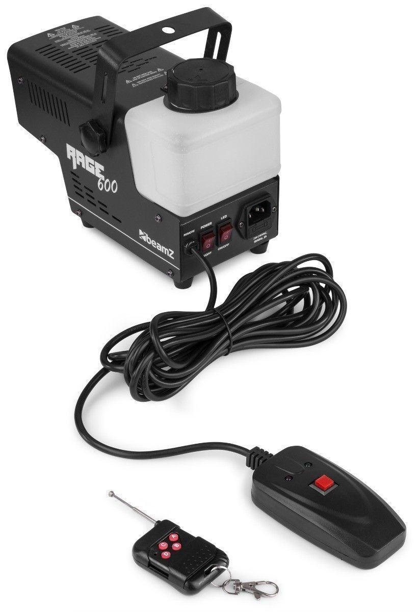 A black fog machine with a remote control and power cord.