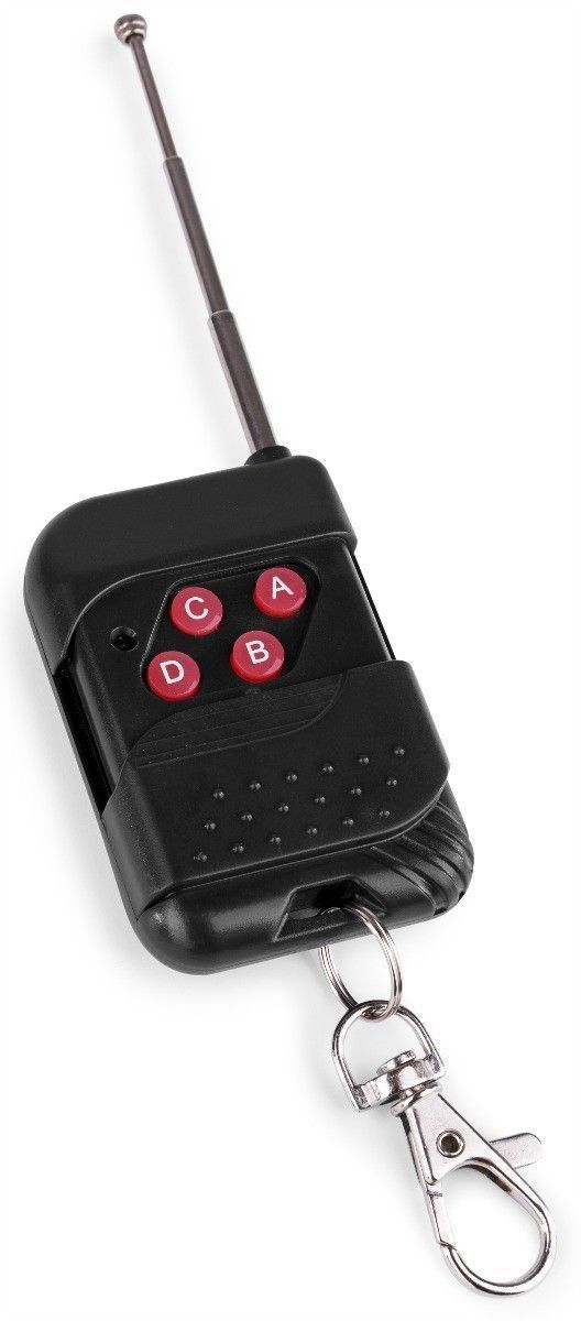 Black remote control with red buttons labeled A, B, C, and D. It has a metal clip and antenna.