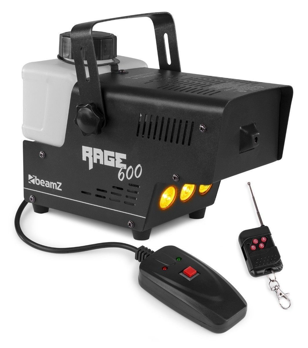 Black fog machine with a handle, control panel, and remote.