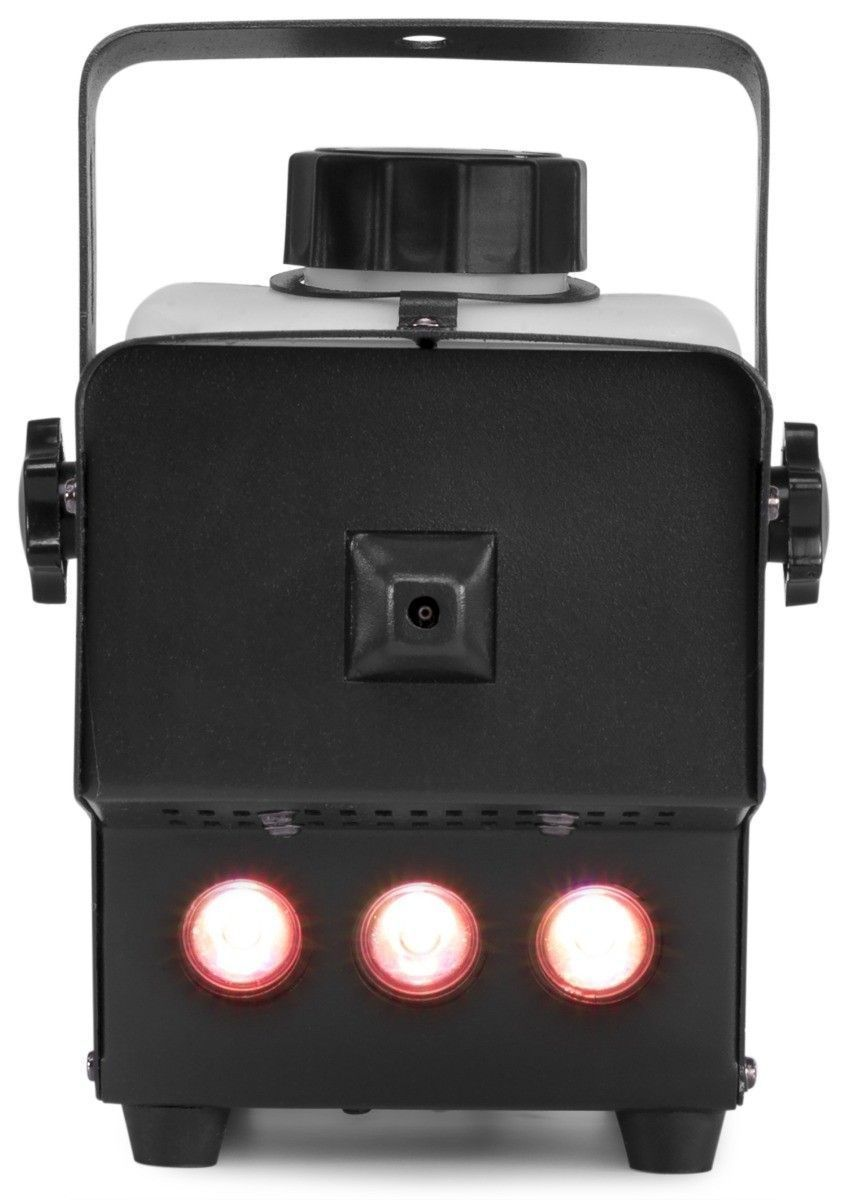Black fog machine with three red lights. It has a handle on top and a nozzle on the front.