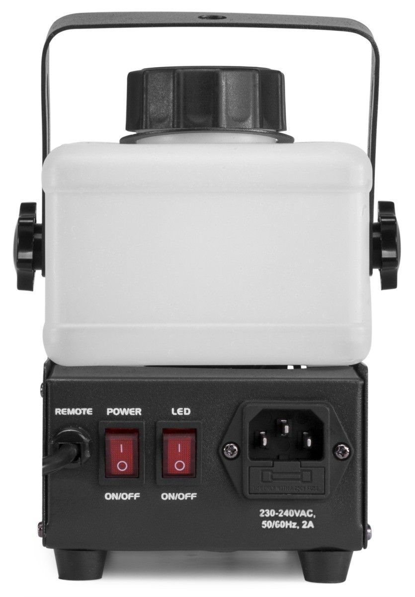 A black fog machine. It has on/off switches and a power input at the bottom.