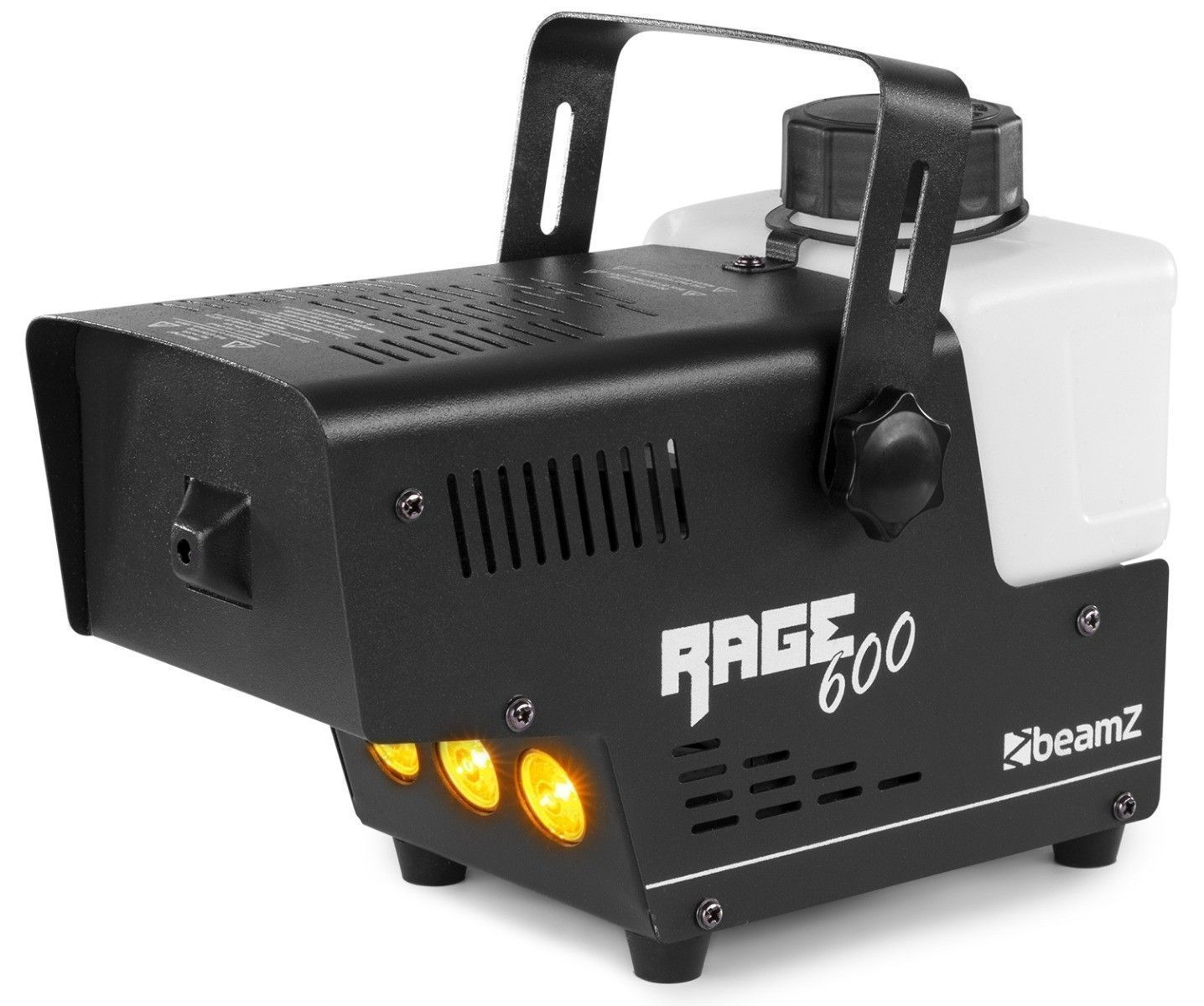 Black fog machine. Has a handle, a tank, and three yellow lights. The word RAGE is on it.