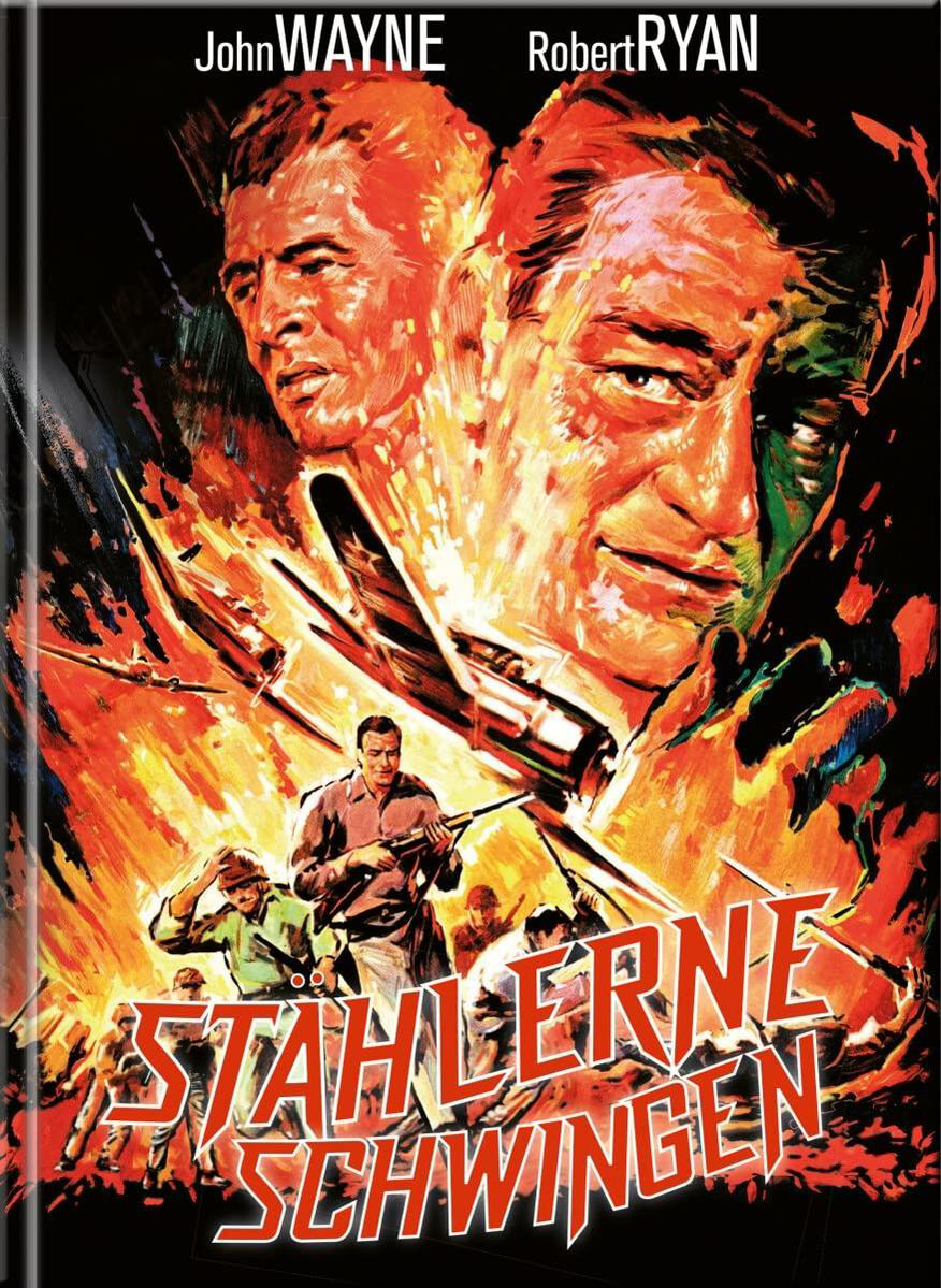 Filmposter mit den Gesichtern von John Wayne und Robert Ryan, Explosionen und einem deutschen Titel.