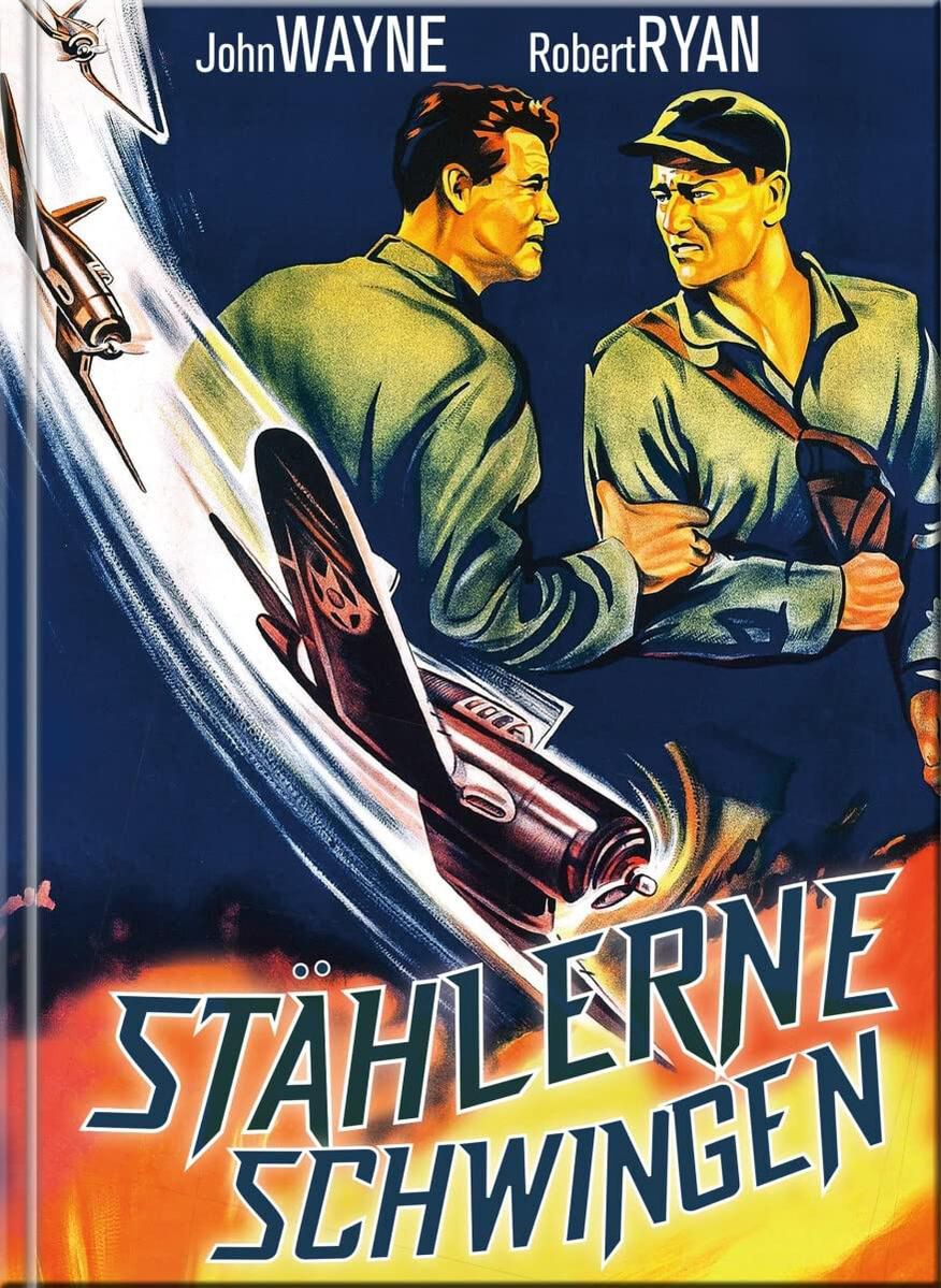 Filmplakat: John Wayne, Robert Ryan und Raketen. Deutscher Titel: Stählerne Schwingen, mit einer Explosion im Hintergrund.